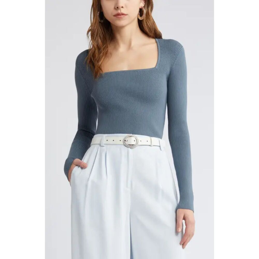 Open Edit Nordstrom Blue Luxe Sculpt Square Neck Long Sleeve Top Size S NWT